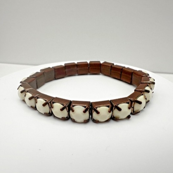 Jewelry - Vintage 80s White Opaque Crystal Bracelet Bronze Tone Women's Jewelry